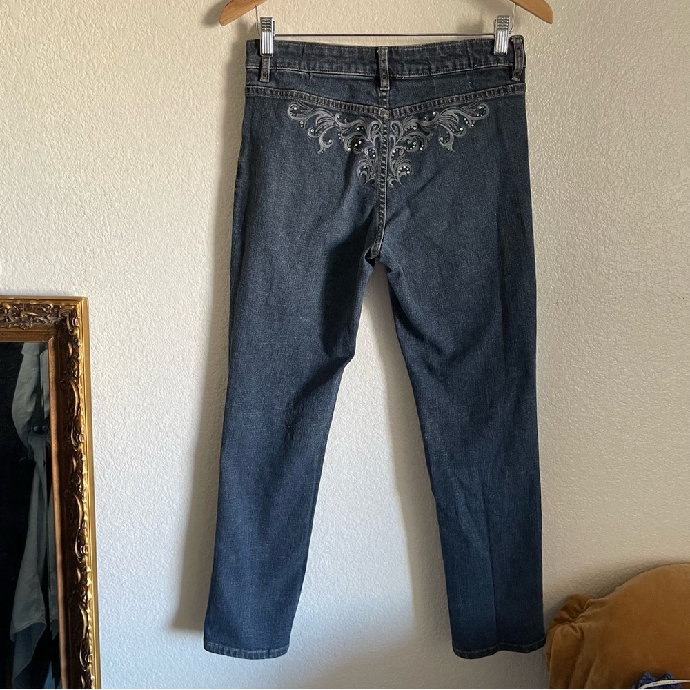 Cache Bedazzled Bum Straight Leg Denim Blue Jeans 2000s Y2K Low Mid Rise Slim